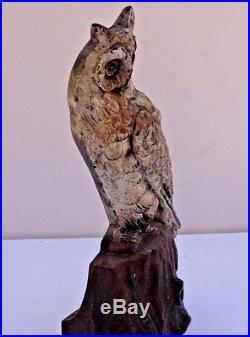 1287 JCO Judd Co, Cast Iron Painted Snowy Owl on Stump, Door Stop 10.5 Tall