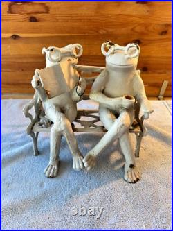 16.6 lb Cast Iron Doorstop Frogs w Glasses On Floral Bench Garden Decor VTG
