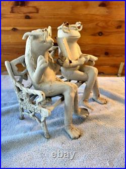 16.6 lb Cast Iron Doorstop Frogs w Glasses On Floral Bench Garden Decor VTG