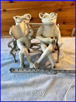 16.6 lb Cast Iron Doorstop Frogs w Glasses On Floral Bench Garden Decor VTG