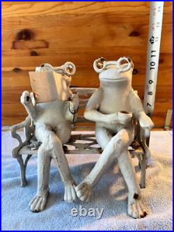 16.6 lb Cast Iron Doorstop Frogs w Glasses On Floral Bench Garden Decor VTG