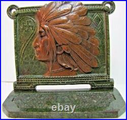 1920s INDIAN CHIEF Cast Iron Bookend Doorstop Art Statue Swirling Log Good Luck