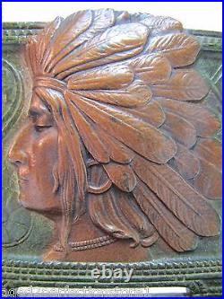 1920s INDIAN CHIEF Cast Iron Bookend Doorstop Art Statue Swirling Log Good Luck