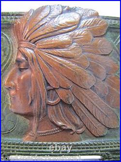 1920s INDIAN CHIEF Cast Iron Bookend Doorstop Art Statue Swirling Log Good Luck
