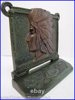 1920s INDIAN CHIEF Cast Iron Bookend Doorstop Art Statue Swirling Log Good Luck