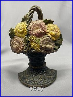 1925 Cast Iron Waverly Studio Illinois Flower Basket Door Stop Book End 6.5