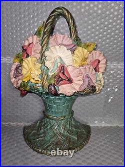 1926 Cast Iron Green Basket Full Of Mums Doorstop 9 Tall Original Paint