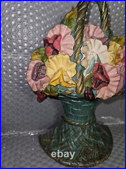 1926 Cast Iron Green Basket Full Of Mums Doorstop 9 Tall Original Paint