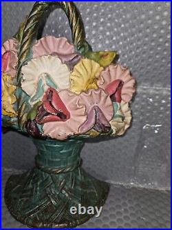 1926 Cast Iron Green Basket Full Of Mums Doorstop 9 Tall Original Paint