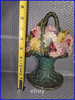 1926 Cast Iron Green Basket Full Of Mums Doorstop 9 Tall Original Paint