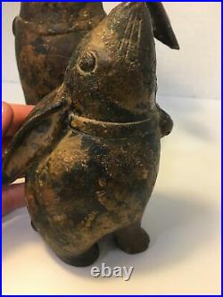 (2) Antique Cast Iron Bunny Rabbit Doorstop Garden Statue Original Gazing Moon