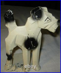 # 2 Antique Spencer Art Deco Geometric Hubley Cast Iron Toy Dog Statue Doorstop