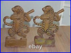 2 Scarce Antique Cast Iron Detroit Tigers Baseball Mascot Doorstops or Bookends