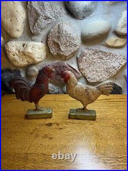 (2) Two Cast Iron Doorstop Roosters Very Heavy Primitive Vintage