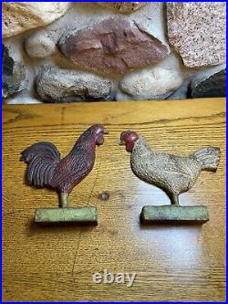 (2) Two Cast Iron Doorstop Roosters Very Heavy Primitive Vintage