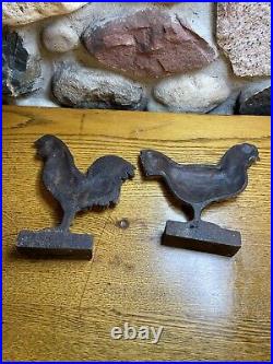 (2) Two Cast Iron Doorstop Roosters Very Heavy Primitive Vintage