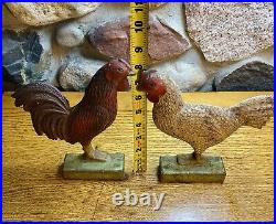 (2) Two Cast Iron Doorstop Roosters Very Heavy Primitive Vintage