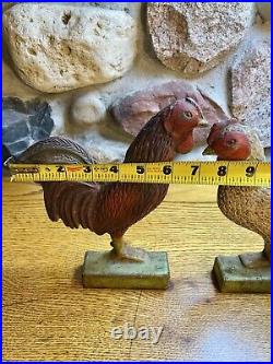 (2) Two Cast Iron Doorstop Roosters Very Heavy Primitive Vintage