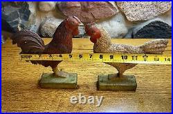 (2) Two Cast Iron Doorstop Roosters Very Heavy Primitive Vintage