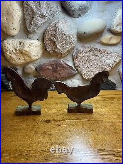 (2) Two Cast Iron Doorstop Roosters Very Heavy Primitive Vintage