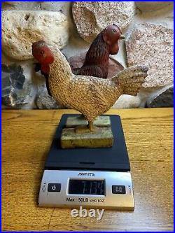 (2) Two Cast Iron Doorstop Roosters Very Heavy Primitive Vintage