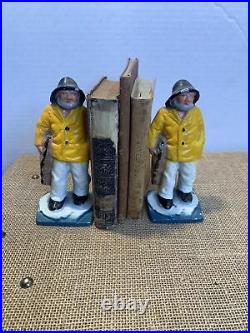 2 Vintage Cast Iron Sea Captain Bookends Door Stop Fisherman Nautical Sailor Set