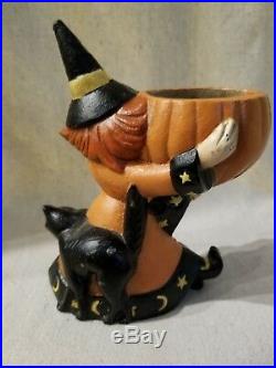 2 Vintage MCF Halloween Cast Iron Witch Black Cat Candle Holder Door Stop Rare