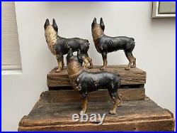 3 Awesome Antique Original Paint Boston Terrier Door Stops Cast Iron Dogs