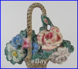 4 Small Antique HUBLEY Cast Iron Floral Flower Basket Doorstops, Original Paint