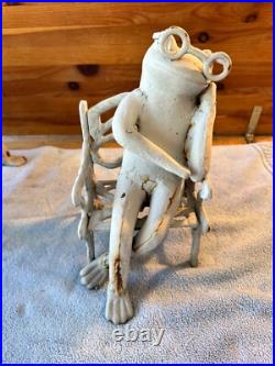 9 Pound Cast Iron Doorstop Frog w Glasses On Bench White Floral Garden Decor VTG