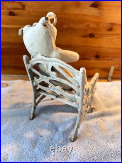9 Pound Cast Iron Doorstop Frog w Glasses On Bench White Floral Garden Decor VTG