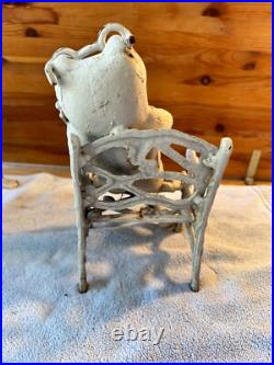 9 Pound Cast Iron Doorstop Frog w Glasses On Bench White Floral Garden Decor VTG