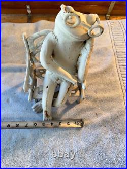 9 Pound Cast Iron Doorstop Frog w Glasses On Bench White Floral Garden Decor VTG