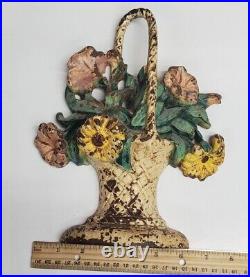 AMAZING Old Antique Cast Iron DOORSTOP Basket Aqua Flowers Heavy stamped 120