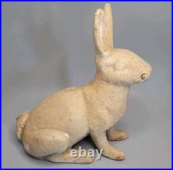ANTIQUE 13.5 Lb CAST IRON GARDEN RABBIT BUNNY DOORSTOP CHIPPY CRAZED WHITE PAINT