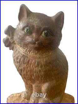 ANTIQUE 1920's Sitting Kitty Cat Door Stop Original Paint Cast