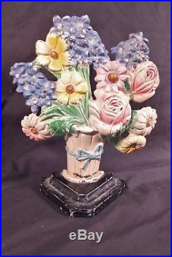 ANTIQUE #490 Hubley Cast Iron Floral Flower Basket Door Stop GREAT ORIG. Paint