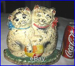 ANTIQUE # 715 LACS DOUBLE CAT KITTEN with BALL CAST IRON DOORSTOP HUBLEY STATUE