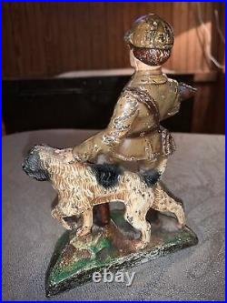 ANTIQUE CAST IRON #423 HUBLEY USA RARE MAN WithHUNTING DOG BOOKEND/DOORSTOP