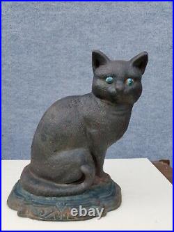 ANTIQUE CAST IRON BLACK CAT DOORSTOP 12 Tall HUBLEY Blue Eyes