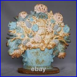 ANTIQUE CAST IRON DOORSTOP FLOWERS IN BASKET CIRCA 1920's Original Paint Rust