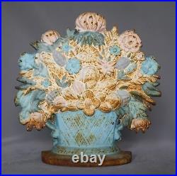 ANTIQUE CAST IRON DOORSTOP FLOWERS IN BASKET CIRCA 1920's Original Paint Rust