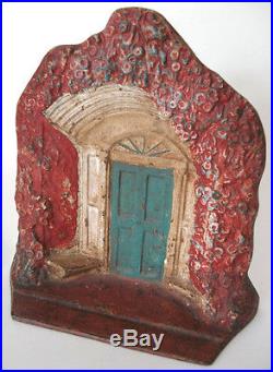 ANTIQUE CAST IRON DOORSTOP VICTORIAN DOORWAY WITH TRELLIS FLORAL VINES & BENCH