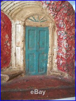 ANTIQUE CAST IRON DOORSTOP VICTORIAN DOORWAY WITH TRELLIS FLORAL VINES & BENCH