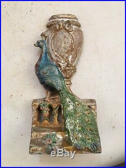ANTIQUE CAST IRON HUBLEY PEACOCK BIRD with VICTORIAN URN ART STATUE DOOR DOORSTOP