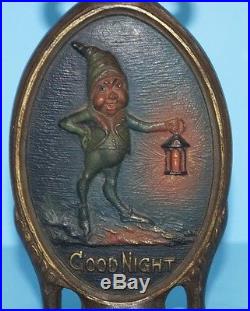 ANTIQUE GOOD NIGHT BROWNIE ELF GNOME CAST IRON DOORSTOP BRADLEY & HUBBARD 1920's