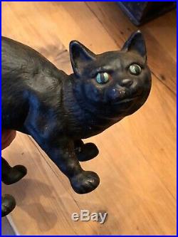 ANTIQUE HUBLEY BLACK CAT DOORSTOP CAST IRON vintage Halloween Arched Back Scared