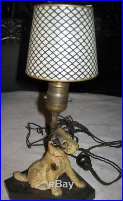ANTIQUE HUBLEY CAST IRON AIREDALE TERRIER DOG DOORSTOP ART STATUE LAMP w SHADE