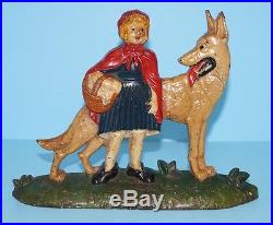 ANTIQUE LITTLE RED RIDING HOOD With WOLF CAST IRON DOORSTOP FAIRY TALE 1920's