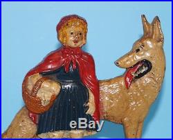 ANTIQUE LITTLE RED RIDING HOOD With WOLF CAST IRON DOORSTOP NURSERY RHYME 1920's